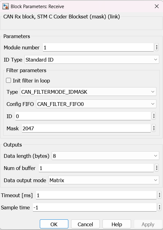 Block parameters for CAN Receive