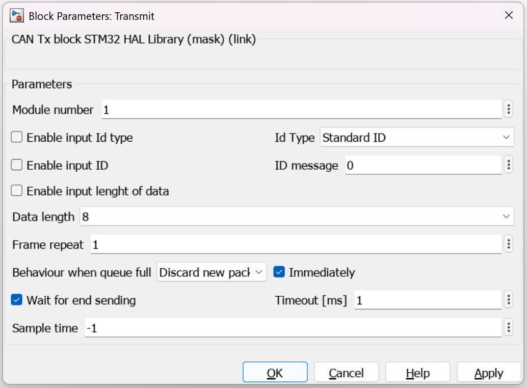 Block parameters for CAN Transmit