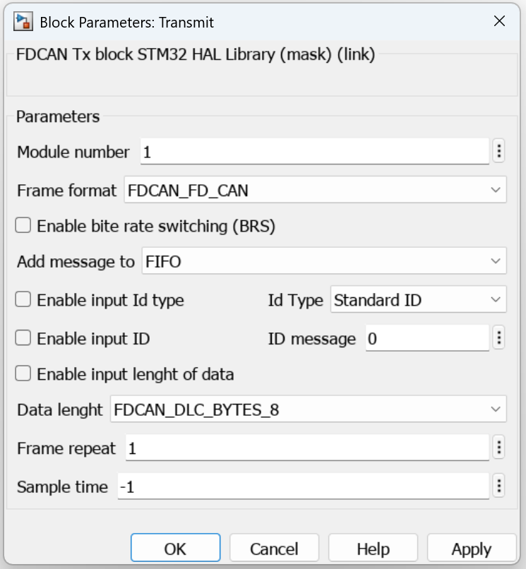 Block parameters for FDCAN Transmit