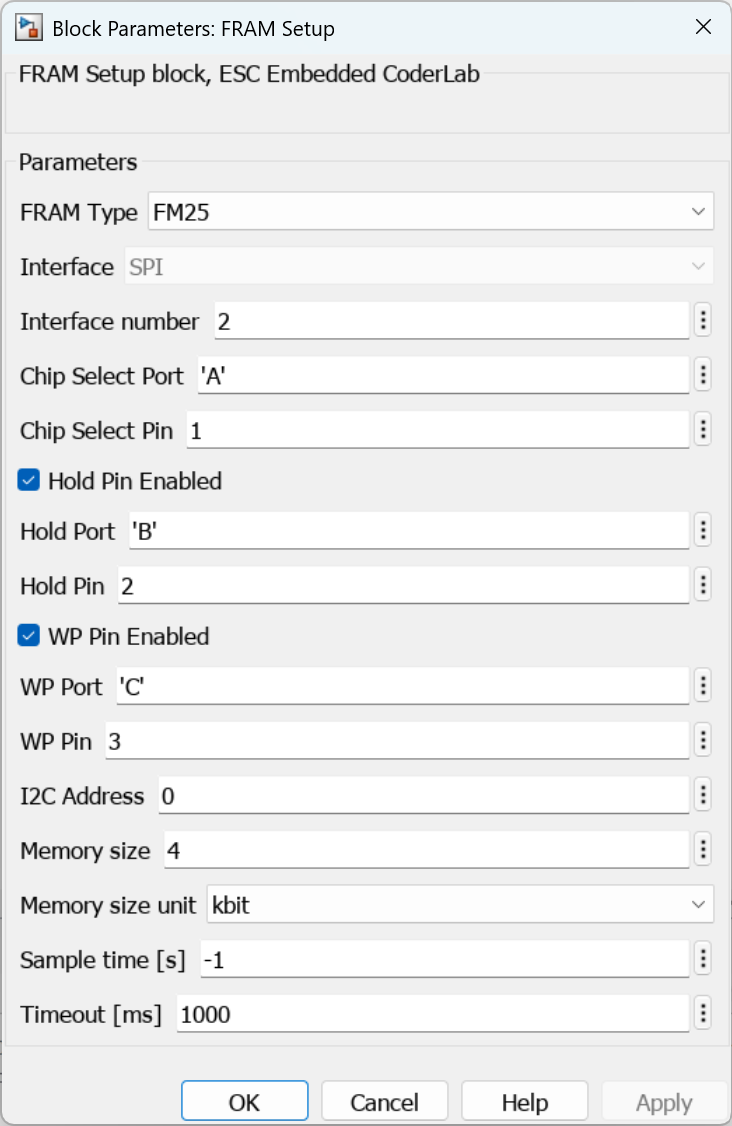 Parameters for FRAM Setup block