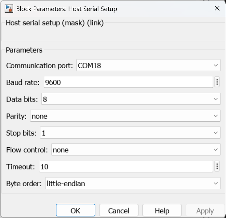 Parameters for Host Serial Setup block