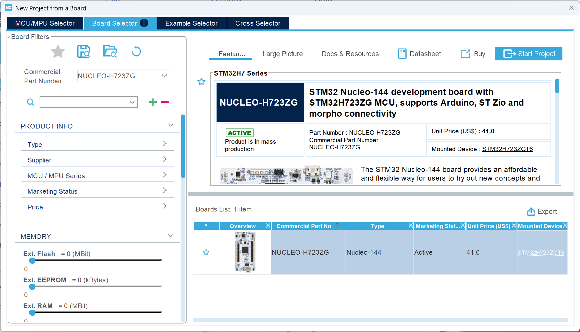 Microcontroller selection in CubeMX