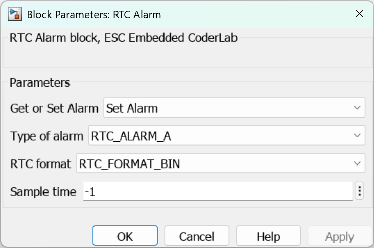 Parameters for RTC Alarm block in Set mode
