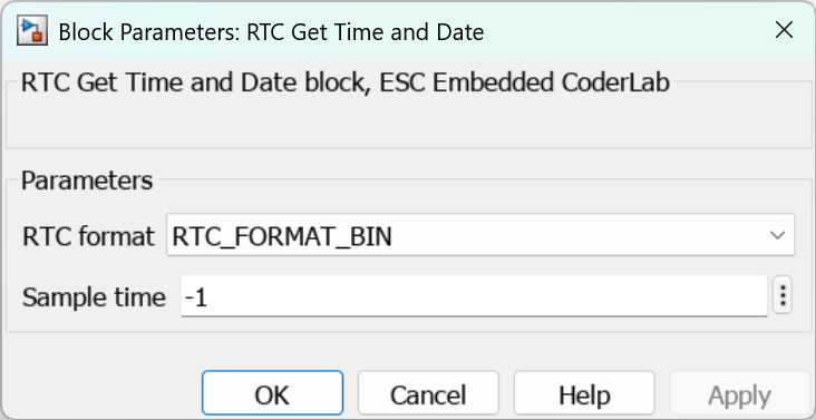 Parameters for RTC Get Time and Date block