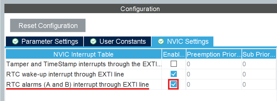 RTC NVIC Alarms Setting