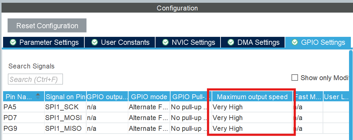SPI GPIO Pin Maximum Output Speed setting