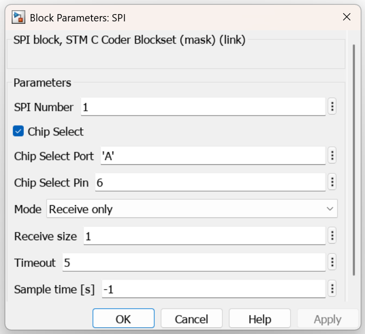 Block parameters for SPI Receive only