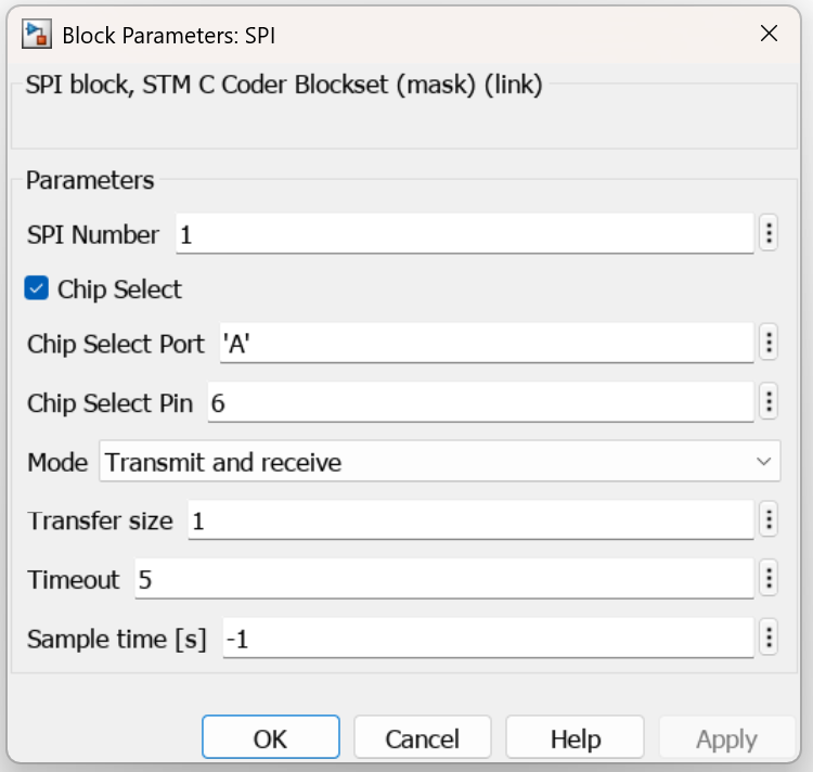 Block parameters for SPI Transmit and Receive