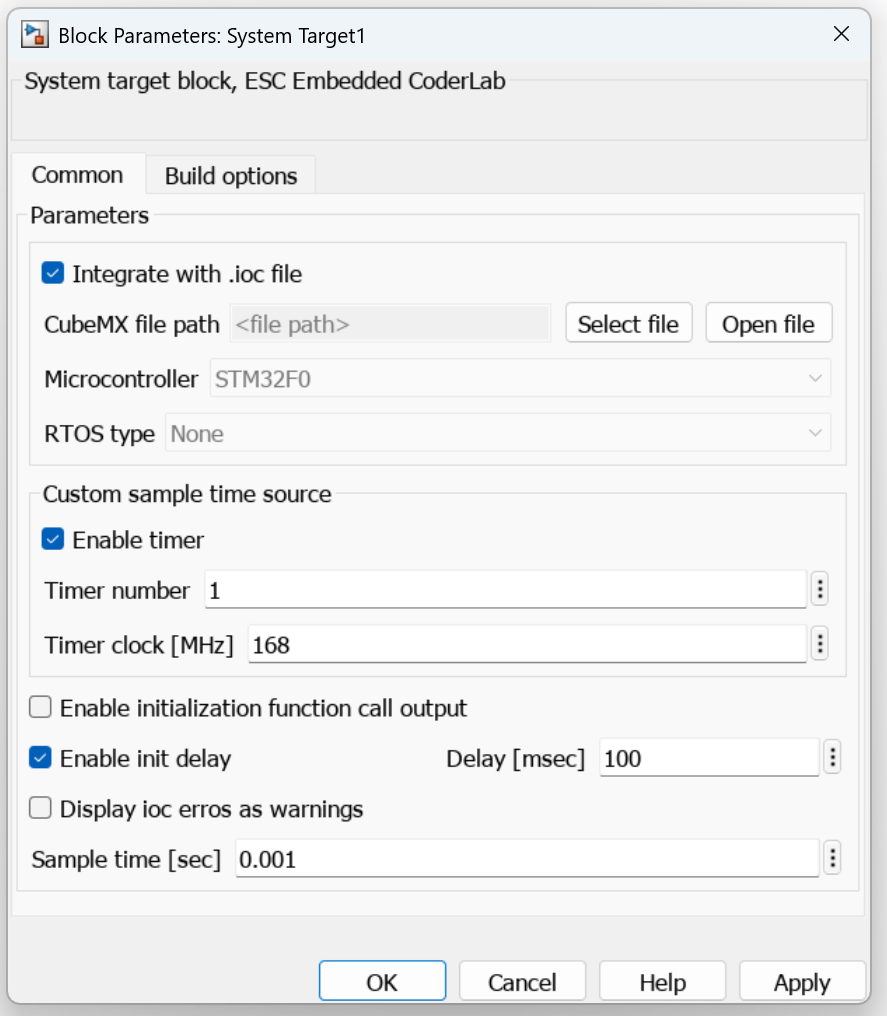 System Target block parameters, Common tab