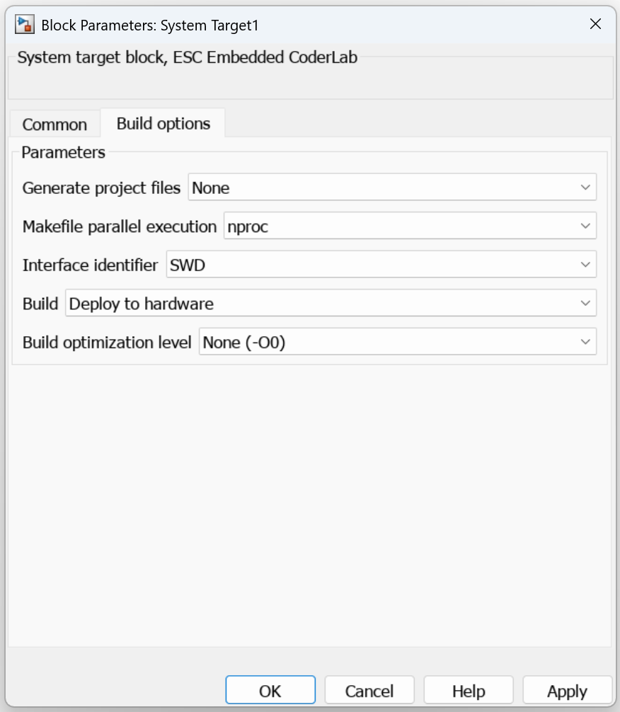 System Target block parameters, Build options tab