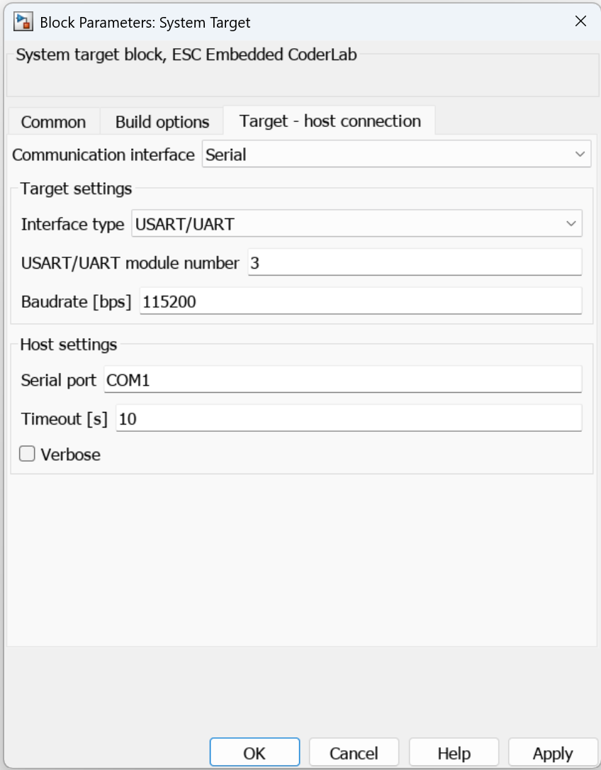 System Target block parameters, Target - host connection tab