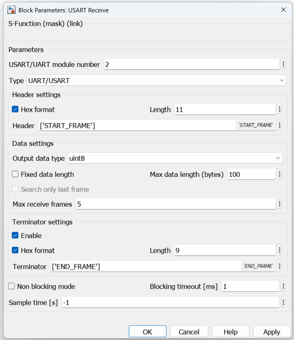 Block parameters for USART