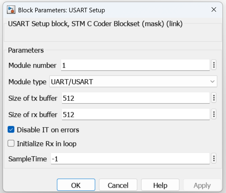 Block parameters for USART