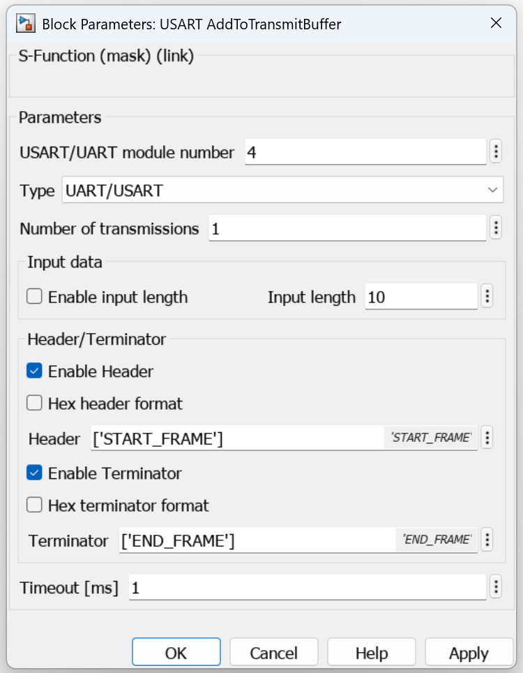 Block parameters for USART