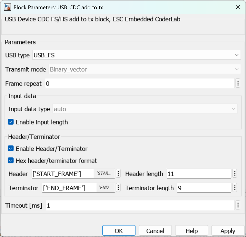 Block parameters for USB CDC Add To Tx