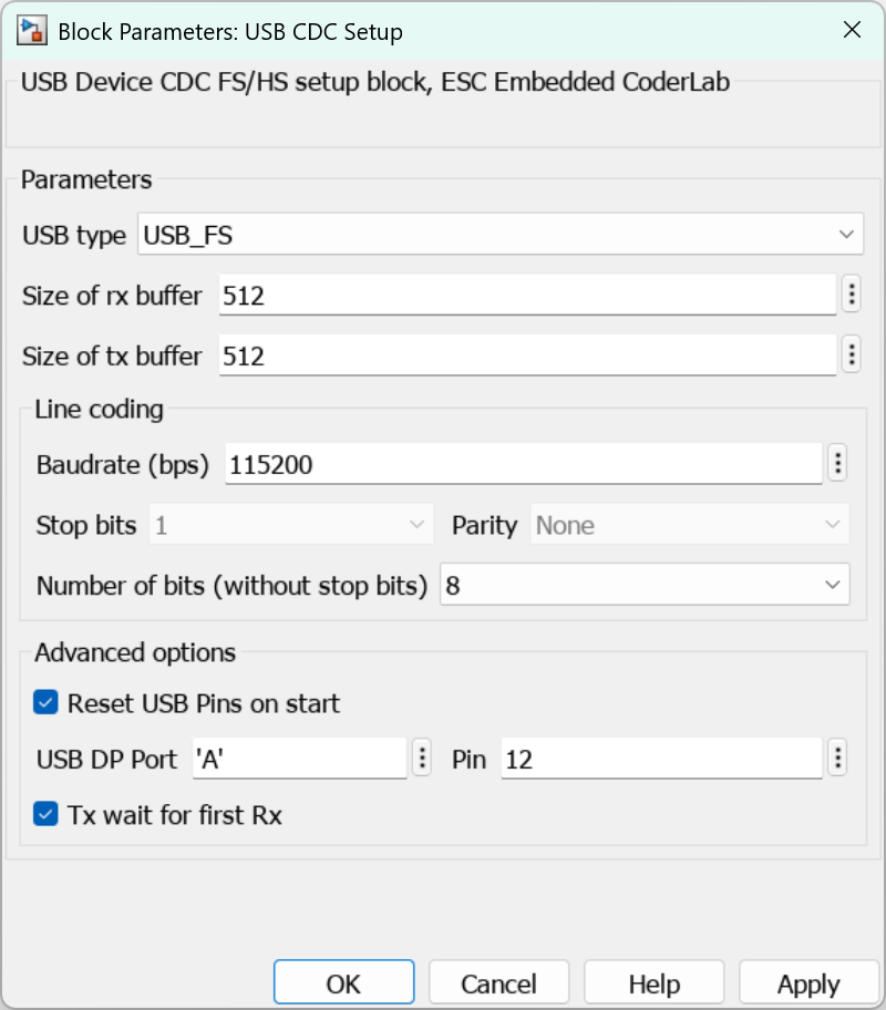 Block parameters for USB CDC Setup