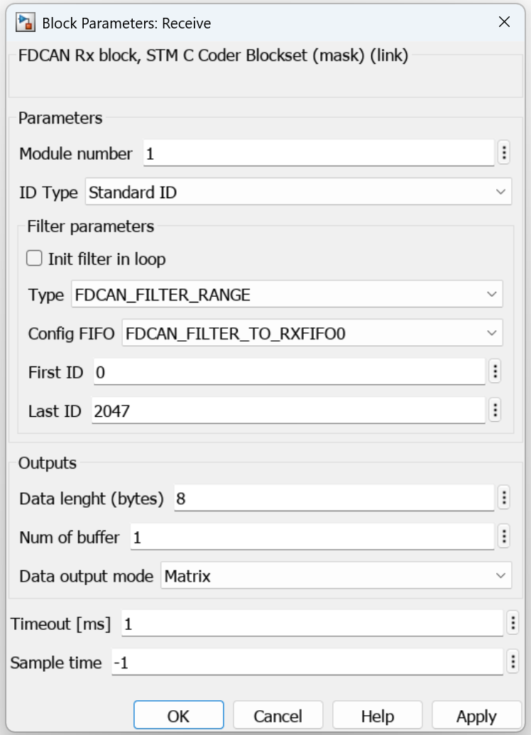 Block parameters for FDCAN Receive
