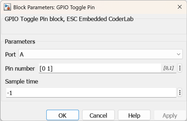 Parameters for GPIO Toggle block
