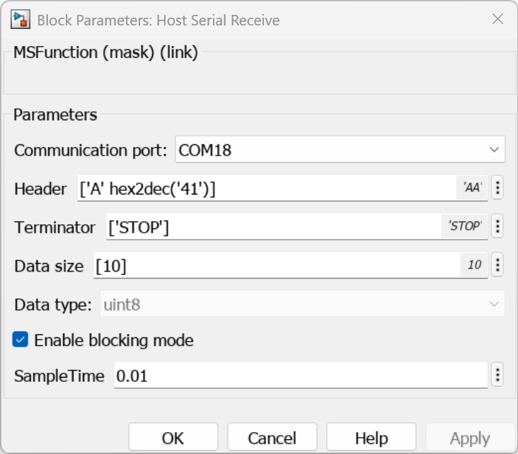 Parameters for Host Serial Receive block