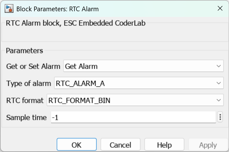 Parameters for RTC Alarm block in Get mode
