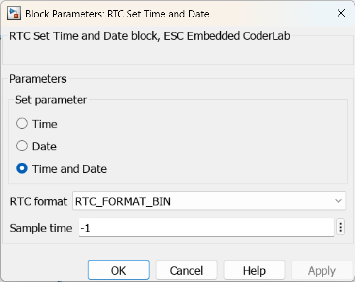 Parameters for RTC Set Time and Date block