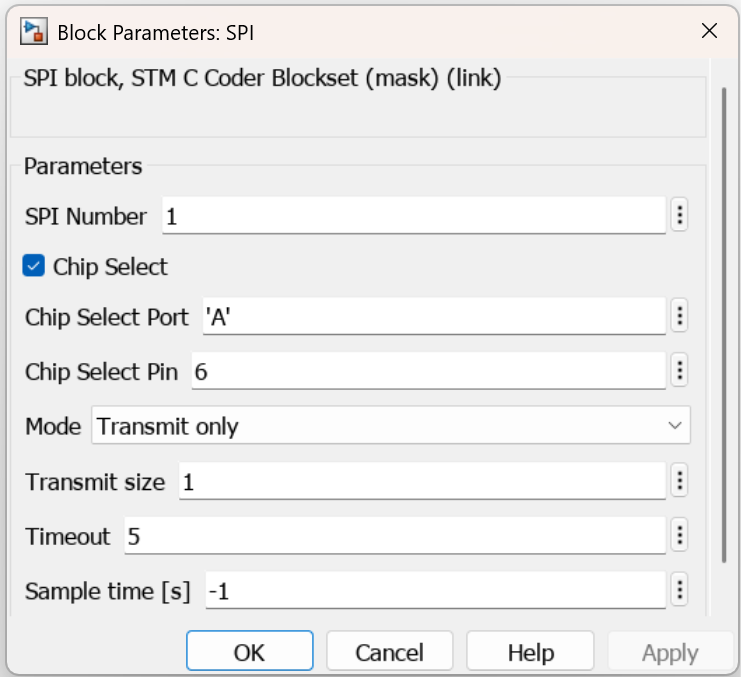Block parameters for SPI Transmit only