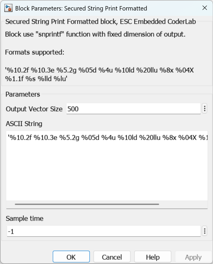 Parameters for Secured String Print Formatted block