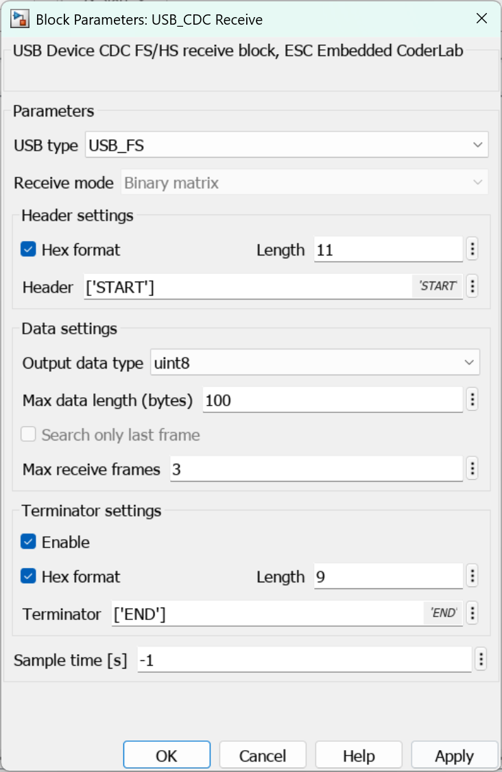 Block parameters for USB CDC Receive
