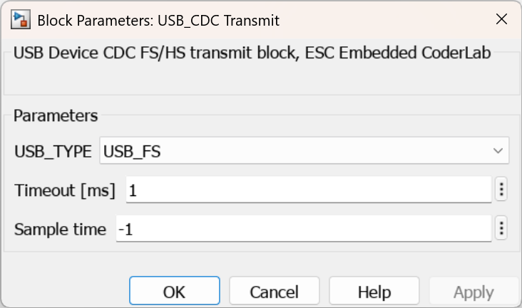 Block parameters for USB CDC Transmit